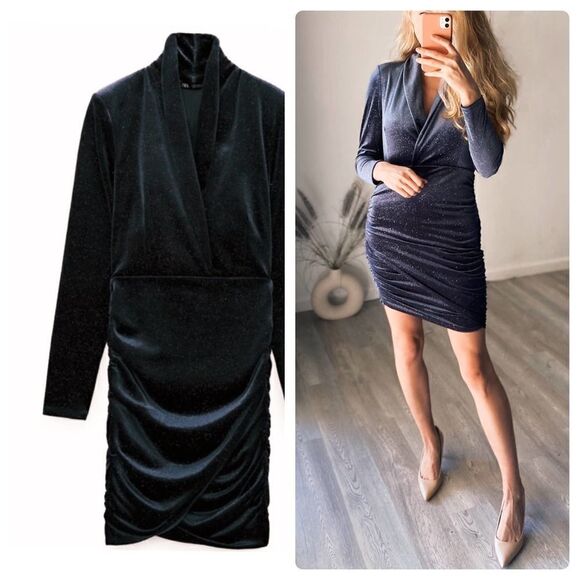 ZARA RUCHED SPARKLY VELVET DRESS GREY MINI - Picture 2 of 12
